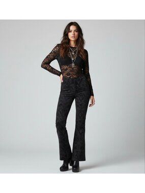 Y2K Black Floral Velvet Mid Rise Flare Jeans | Mob Wife Dark Academia Whimsigoth